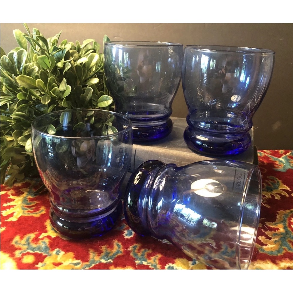 4 Vintage Libbey Bangles Cobalt Blue Double Old Fashioned Tumbler‎